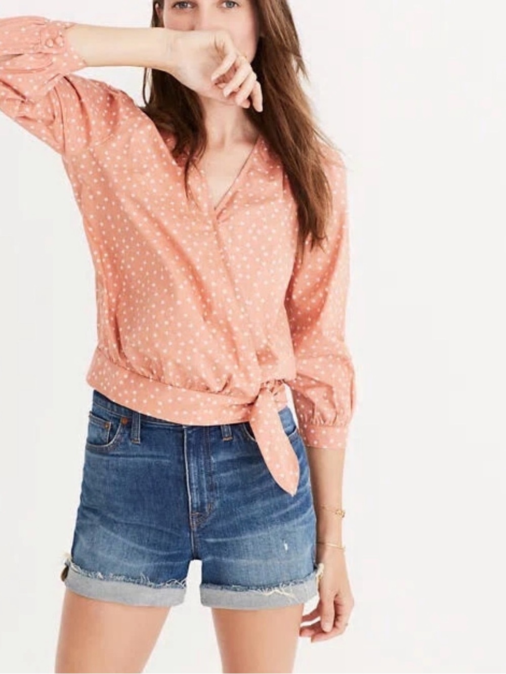 Madewell Coral Orange Peach‎ Wrap Scattered Star Blouse Top Size XS G7804